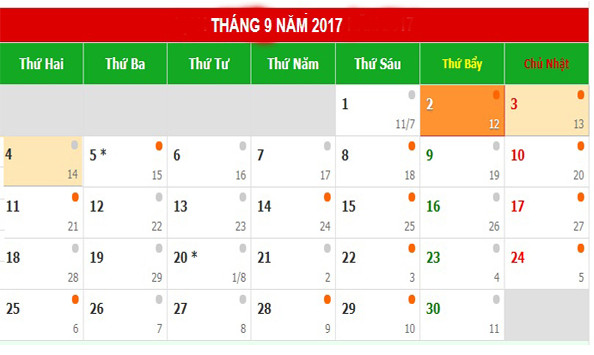 Lịch nghỉ dịp Quốc khánh 2/9 năm 2017.