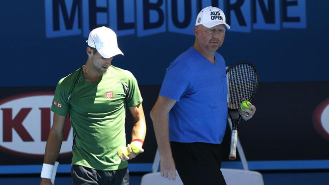 Djokovic tập luyện cùng HLV mới Becker trước trận mở màn. Ảnh: Getty Images