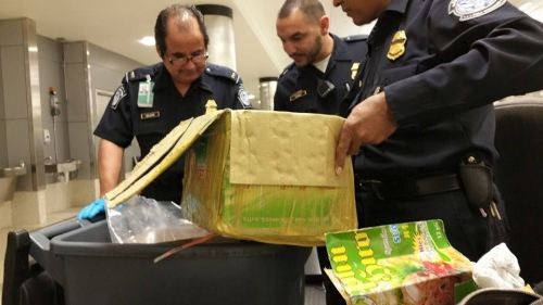 Nhân viên hải quan Mỹ kiểm tra đồ đạc của Quang Lê. Ảnh: facebook Quang Lê.