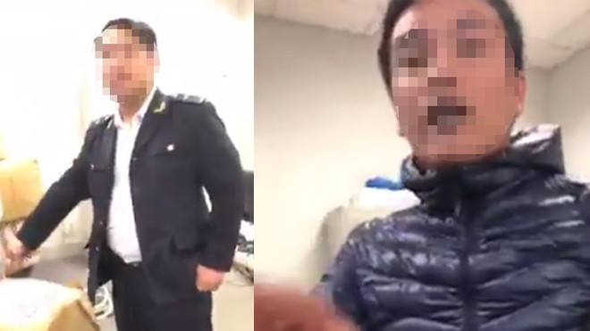 Hai cán bộ Hải quan Nội Bài bị tố có tác phong, thái độ chưa chuẩn mực với hành khách. (Ảnh: Chụp từ clip)