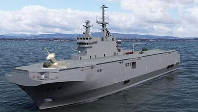 Mô hình tàu tấn công đổ bộ lớp Mistral kết hợp với hệ thống pháo phản lực phóng loạt LRU.