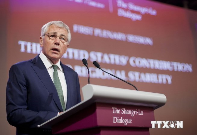 Bộ trưởng Quốc phòng Mỹ Chuck Hagel phát biểu tại Đối thoại Shangri-La. (Ảnh: AFP/TTXVN) 