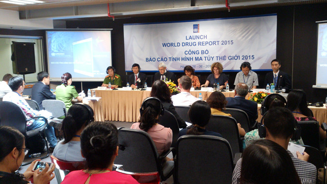 Các đại biểu tại buổi báo công bố báo cáo tình hình ma túy thế giới năm 2015