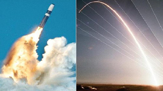 Vụ phóng tên lửa đạn đạo liên lục địa Trident-II D5 từ tàu ngầm lớp Ohio (trái) và luồng sáng trên bầu trời, phát ra từ vụ phóng tên lửa đạn đạo liên lục địa LGM-30 Minuteman II trên mặt đất.