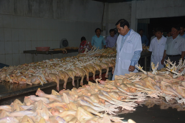 Chủ tịch UBND thành phố Đà Nẵng Huỳnh Đức Thơ kiểm tra đột xuất Trung tâm chế biến gia súc gia cầm Đà Sơn lúc nửa đêm. 
