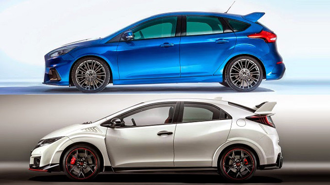 Ford Focus RS 2016 (xanh) và Honda Civic Type R 2015 (trắng).