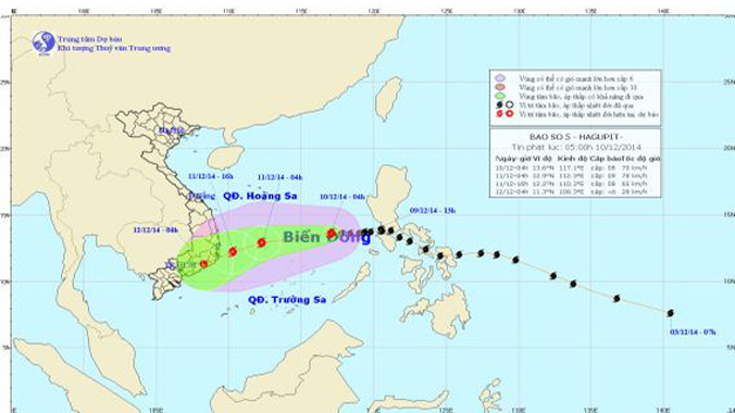 Hướng di chuyển của bão số 5. Ảnh: Trung tâm Dự báo khí tượng thủy văn TƯ.