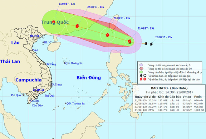 Dự kiến đường đi của bão Hato. Ảnh: NCHMF.