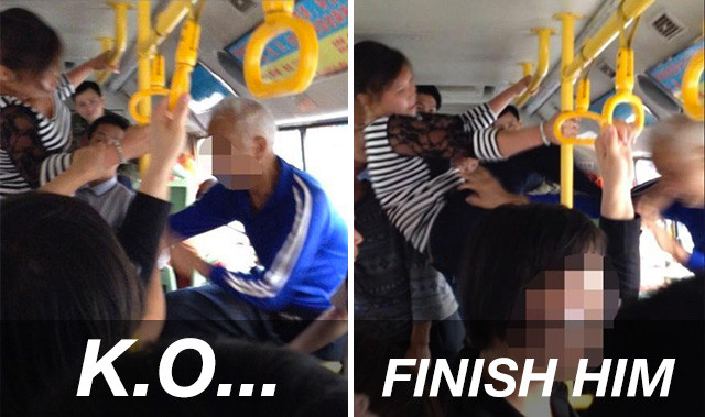 Cô gái lấy đà đạp thẳng vào mặt ông già sau khi phải nhường ghế ngồi 