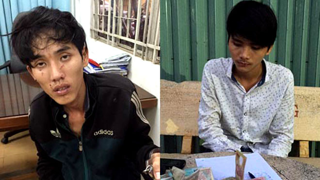 Nguyễn Minh Luân (áo khoác đen) và Triệu Minh Tân tại cơ quan công an