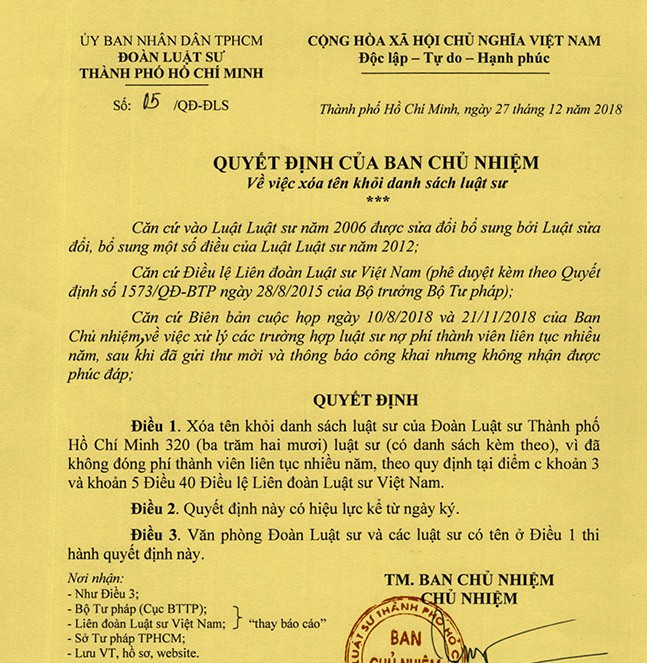 Quyết định xóa tên 320 Ls được đưa lên trang Web Đoàn Ls TPHCM. Ảnh: Tân Châu.
