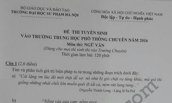 Đáp án đề thi vào lớp 10 môn Văn THPT Chuyên Sư phạm Hà Nội