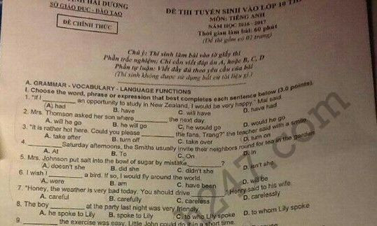 Đáp án đề thi vào lớp 10 môn tiếng Anh tỉnh Hải Dương