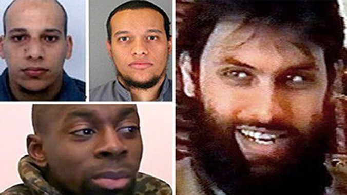 Từ phải sang trái theo chiều kim đồng hồ: Djamel Beghal, Amedy Coulibaly, và anh em Cherif và Said Kouachi.