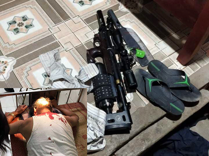 Nạn nhân và hung khí thu giữ tại hiện trường.