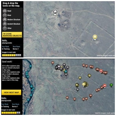 Màn hình hiển thị các vị trí có dấu hiệu bất thường bằng công nghệ tìm kiếm ảnh vệ tinh. Ảnh: GeoEye Foundation/PLOS One