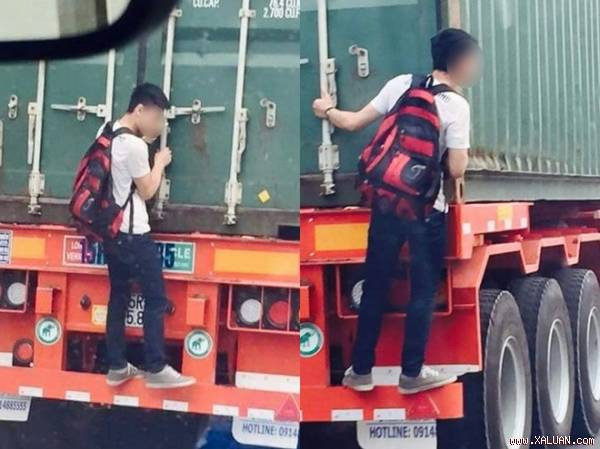 Hình ảnh nam thanh niên đu xe đầu kéo để đi ké.