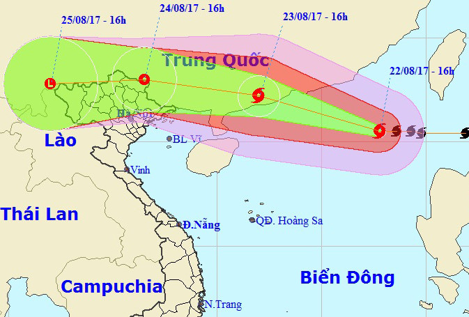 Dự kiến đường đi của bão số 6. Ảnh: NCHMF.