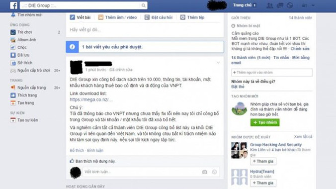 Thông báo trên Facebook của nhóm hacker DIE Group. Nguồn: Securitydaily.