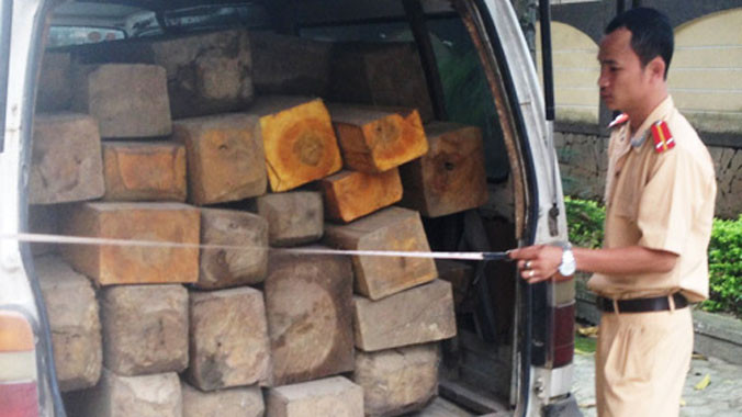 Trên xe chất đầy gỗ không rõ nguồn gốc. Ảnh: Đ.T.