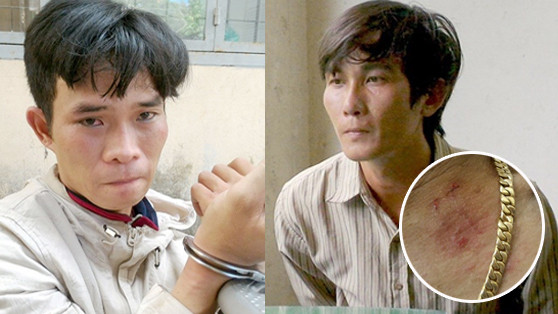 Vinh và Lịnh tại cơ quan công an và vết thương trên cổ người bị hại