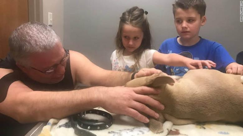 Chị Richardson cùng 2 con đang vĩnh biệt chú chó nhỏ dũng cảm. (Ảnh: CNN)