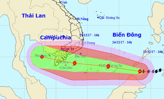 Vị trí và hướng di chuyển của bão Tembin. Ảnh: NCHMF.