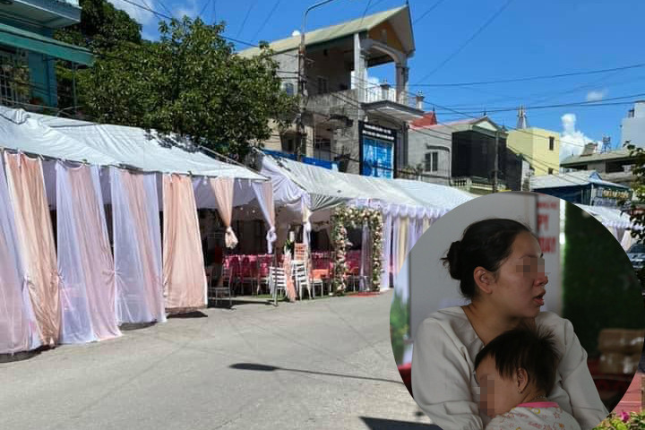 Chị Tuyết (ảnh nhỏ) cùng phông bạt tổ chức tiệc cưới theo đặt hàng của khách.