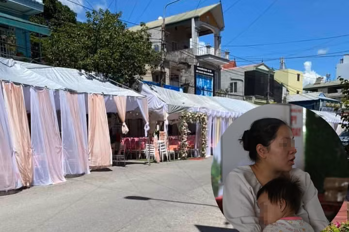 Chị Tuyết (ảnh nhỏ) cùng phông bạt tổ chức tiệc cưới theo đặt hàng của khách.