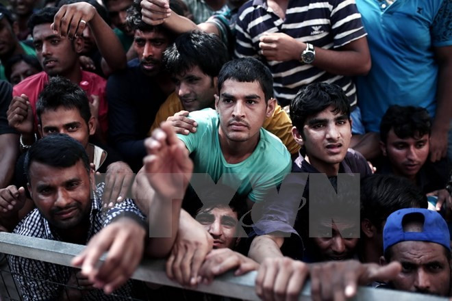 Người nhập cư trái phép chờ đợi được đăng ký bên ngoài một đồn cảnh sát ở đảo Kos. (Nguồn: AFP/TTXVN)