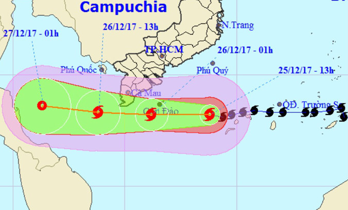 Vị trí và hướng di chuyển của bão Tembin. Ảnh: NCHMF.