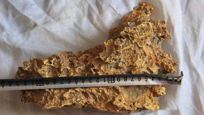 Sự việc hy hữu xảy ra tại huyện Thanh Hà thuộc khu tự trị Tân Cương, Trung Quốc vào ngày 30/1. Hôm đó một nông dân phát hiện cục vàng khi chăn gia súc trên núi.