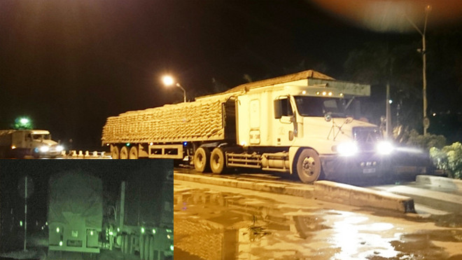 Xe đầu kéo 16N-1398 nhận 70 tấn xi măng tại Công ty xi măng Chinfon tối 4/8 để chở đi Quảng Ninh (ảnh to);	Các xe chở xi măng quá tải vô tư thoát qua chốt CSGT ở ngã 3 Đông Sơn (huyện Thủy Nguyên) ảnh cắt ra từ clip (ảnh nhỏ).