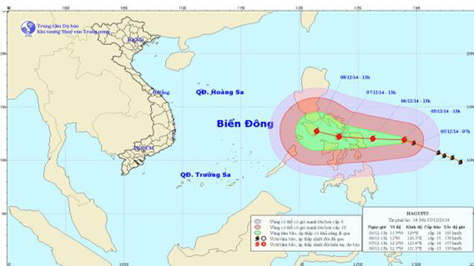 Hướng di chuyển của bão Hagupit. Ảnh: Trung tâm Dự báo khí tượng thủy văn TƯ.