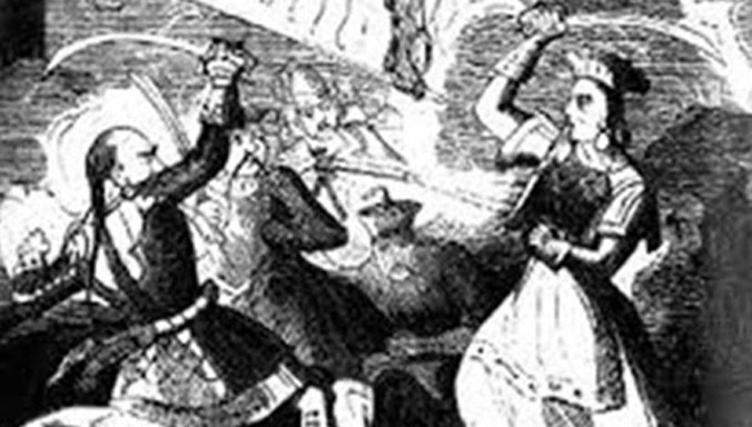 Tướng hải tặc mặc váy De Clisson (phải) giao tranh trên boong tàu Pháp (tranh vẽ giữa thế kỷ XIV).