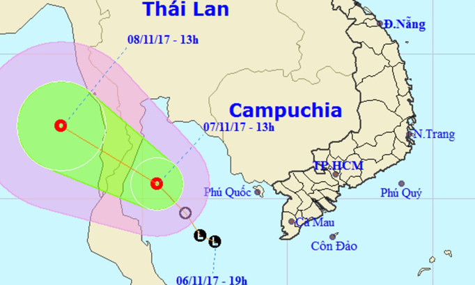 Vị trí và hướng di chuyển của vùng áp thấp. Ảnh: NCHMF.