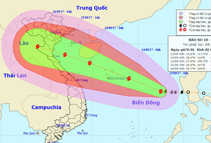 Vị trí, hướng di chuyển của cơn bão số 10. Ảnh: NCHMF.