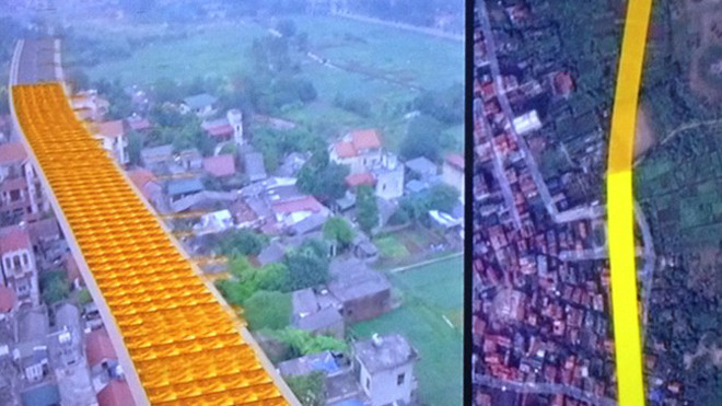 Đồ họa mô phỏng đoạn đường cong đi qua khu dân cư. Ảnh: VTV