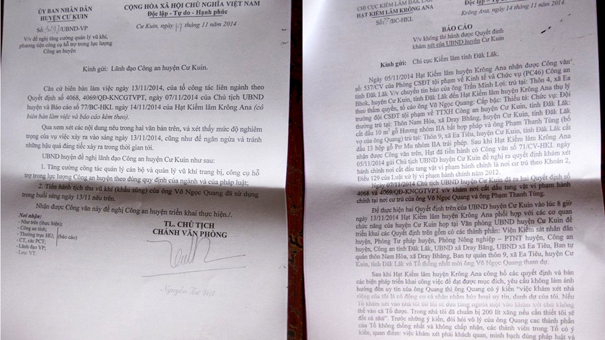 Báo cáo của Hạt Kiểm lâm, văn bản của UBND huyện đề nghị Công an huyện tịch thu khẩu súng