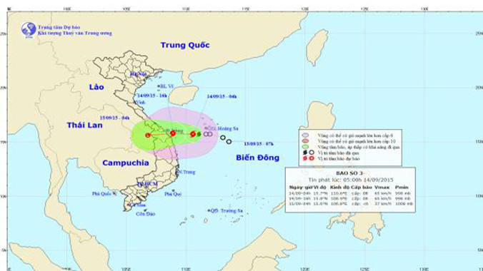 Dự báo đường đi và khu vực ảnh hưởng của bão số 3. Ảnh: Trung tâm Dự báo khí tượng thủy văn TƯ.
