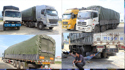 Những chiếc xe "siêu tải" bị lực lượng chức năng phát hiện. 4 chiếc xe đều chở vượt tải trọng cho phép từ 70% - 100%. Đến giờ vẫn chưa hạ tải.