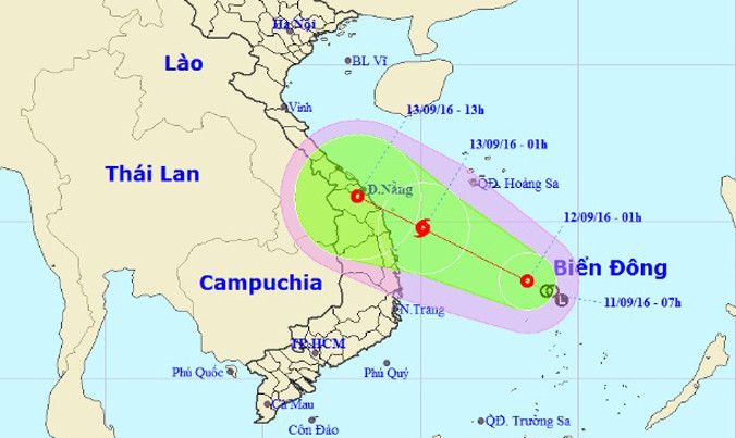 Vị trí và dự báo đường đi của cơn bão. Nguồn: Trung tâm dự báo khí tượng thủy văn Trung ương.