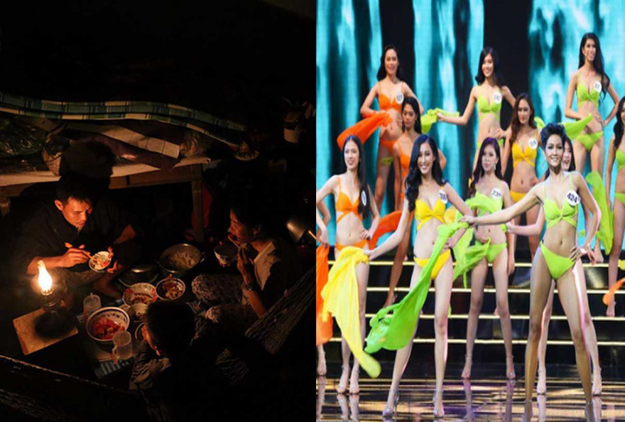 Sự đối lập giữa khung cảnh tổ chức hoa hậu hoàn vũ trong bối cảnh người dân Khánh Hòa sống trong cảnh màn trời chiếu đất, không điện... khiến dư luận phẫn nộ.