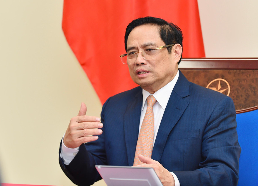 Thủ tướng Phạm Minh Chính tại cuộc điện đàm. (Ảnh: Mofa)