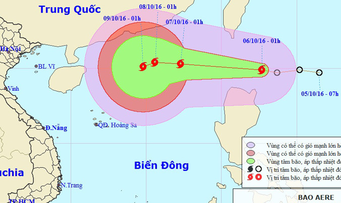 Vị trí và dự báo đường đi của bão Aere. Nguồn: Trung tâm dự báo khí tượng thủy văn Trung ương.