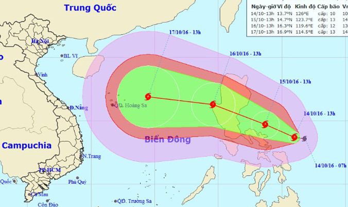 Vị trí và dự báo đường đi của cơn bão Sarika. Nguồn: Trung tâm dự báo khí tượng thủy văn Trung ương.