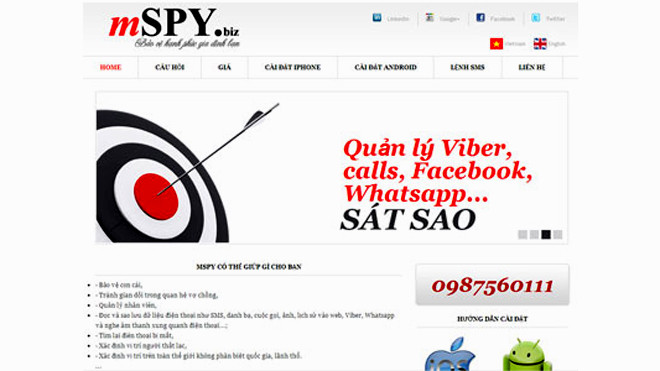 Trang web quảng cáo về khả năng theo dõi, định vị điện thoại