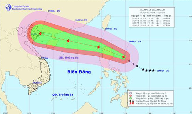 Vị trí và hướng di chuyển của bão Kalmaegi. Ảnh: Trung tâm Dự báo khí tượng thủy văn Trung ương