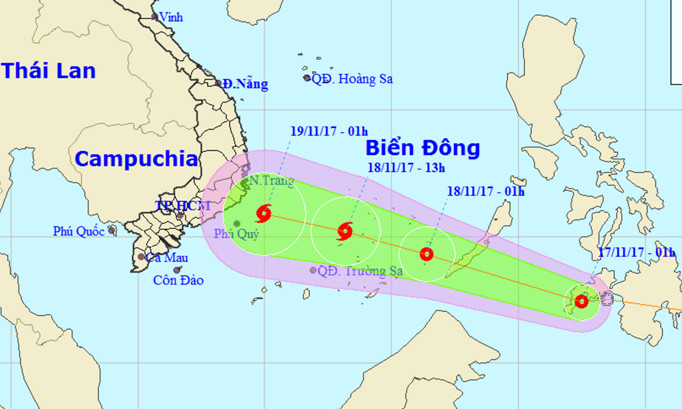 Vị trí và hướng di chuyển của áp thấp nhiệt đới. Ảnh: NCHMF.
