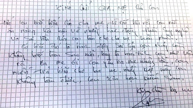 Bức thư tuyệt mệnh Phúc gởi cho cha mẹ